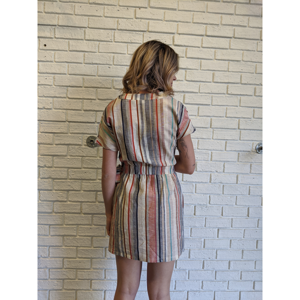 Natural Stripe Faux Wrap Dress - Karmas Boutique YEG